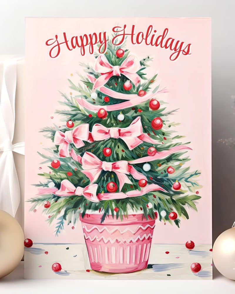 Pink Christmas tree in a pink pot decorated with pink ribbons and red ornaments. Happy Holidays text is at the top.
