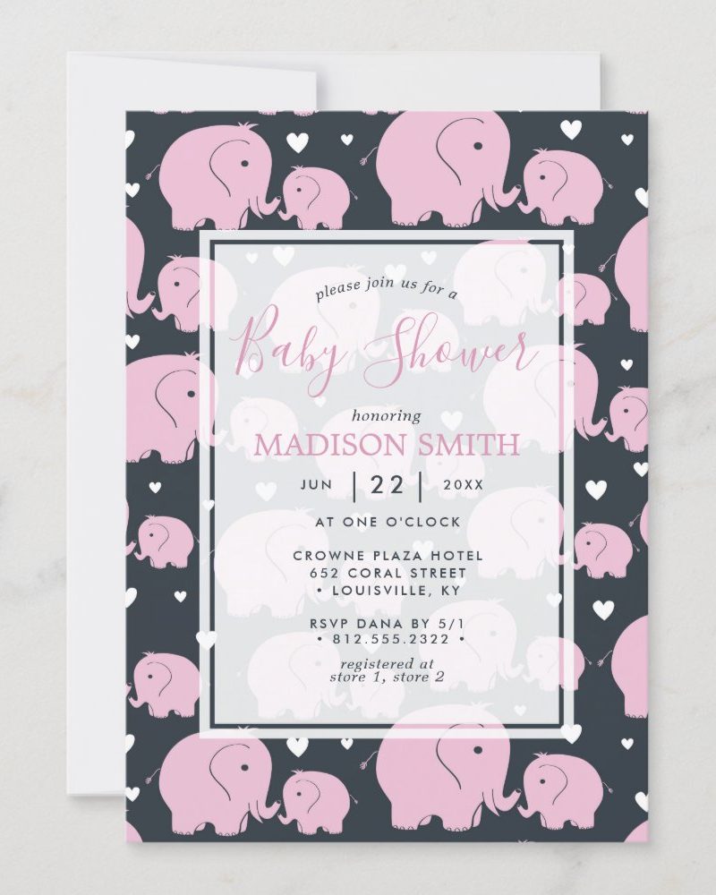 Baby shower invitation with pink elephants and hearts on a dark gray background. The invitation includes the honoree's name, date, time, and location.