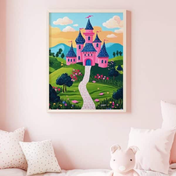 Painting Of A Pink Castle On A Hill With A Path Leading To It, Surrounded By Flowers And Trees.