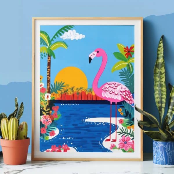 Pink Flamingo In Tropical Setting At Sunset.