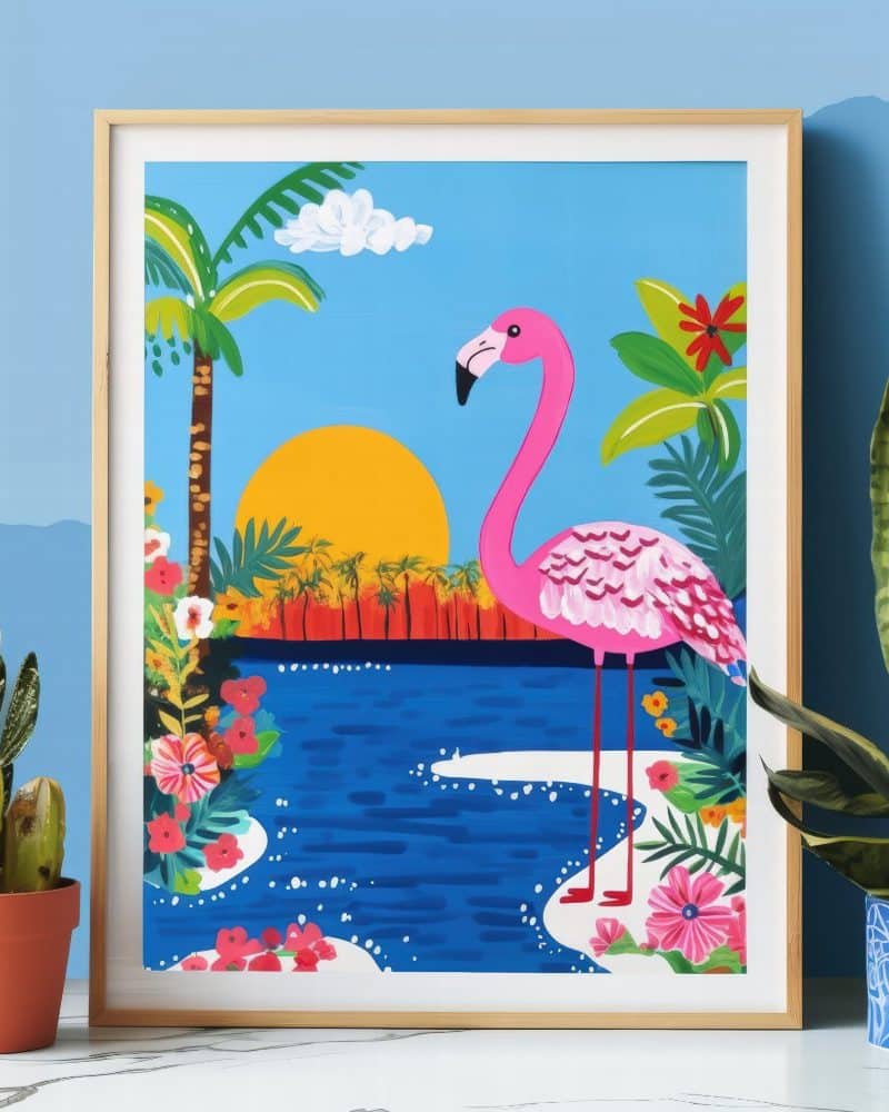 Pink flamingo in tropical setting at sunset.