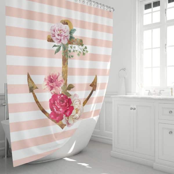 Pink And White Striped Shower Curtain Featuring A Large Anchor Adorned With Pink And Red Roses.