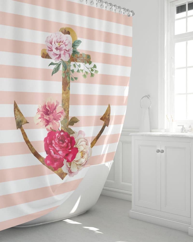 Pink and white striped shower curtain featuring a large anchor adorned with pink and red roses.