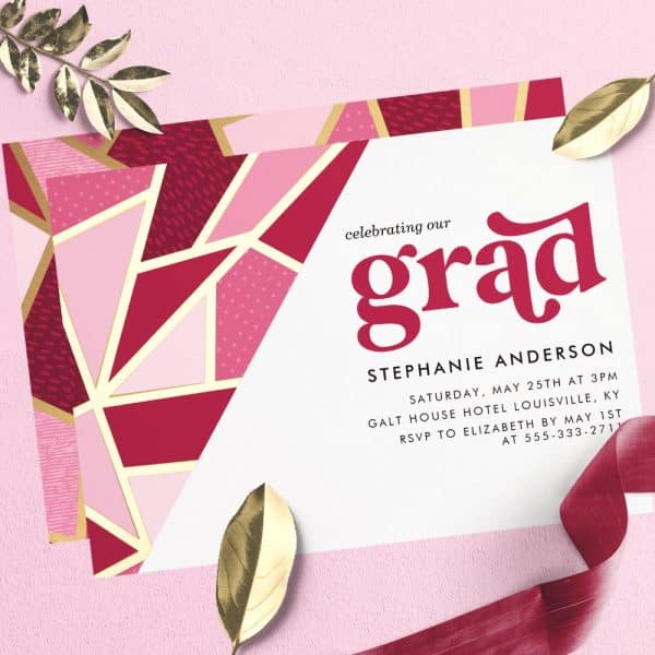 Graduation Invitation With Pink And Red Geometric Design.