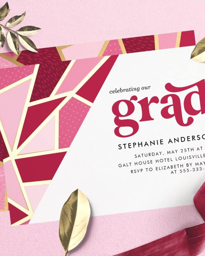 Graduation invitation with pink and red geometric design.