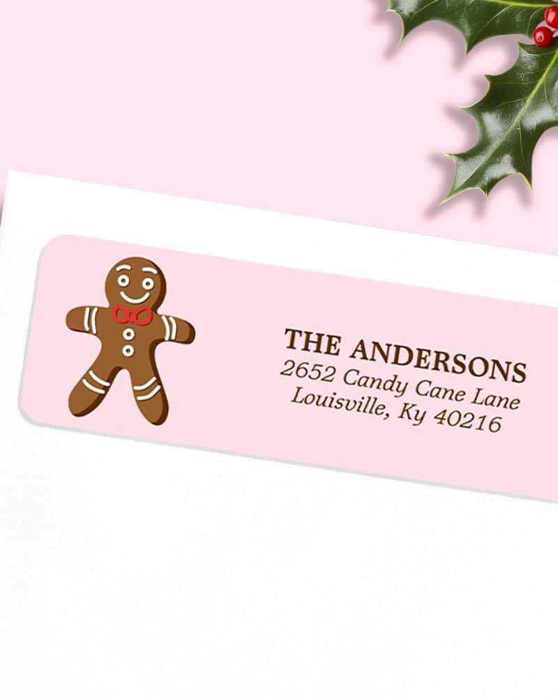 Pink return address label with a gingerbread man and the Andersons' address.