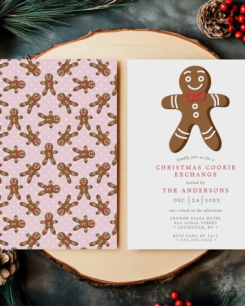 Christmas cookie exchange invitation featuring a gingerbread man.