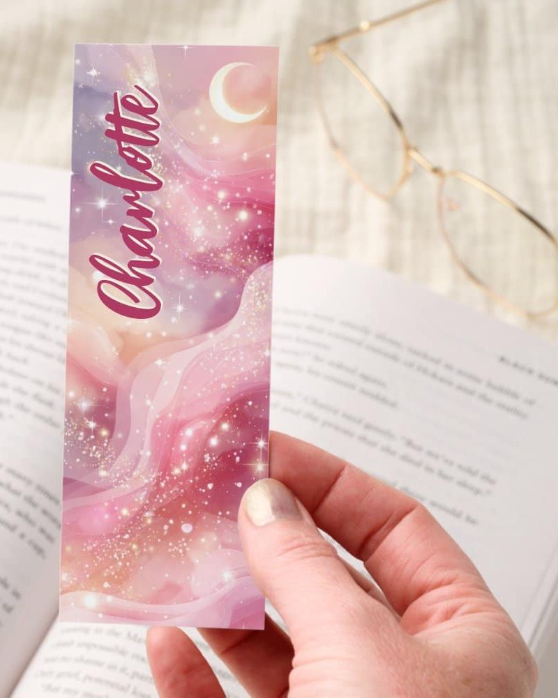Pink Glitter Crescent Moon Personalized Bookmarks