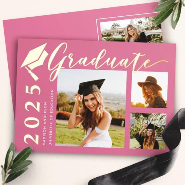 Pink Graduation Announcement Featuring Photos Of Madison Anderson, University Of Education Graduate, Class Of 2025.
