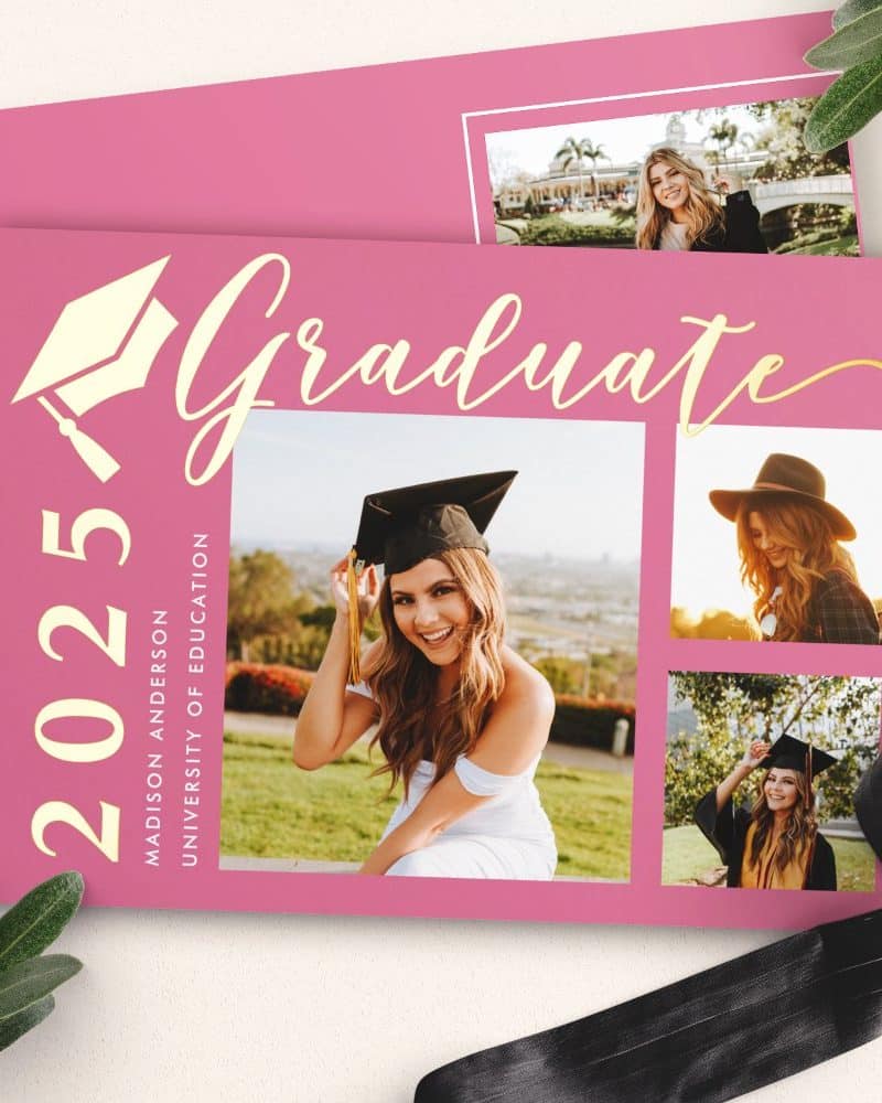Pink graduation announcement featuring photos of Madison Anderson, University of Education graduate, class of 2025.