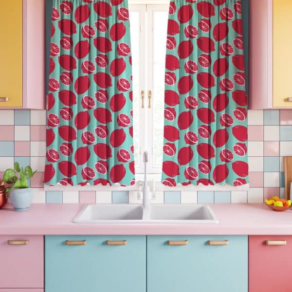 Teal Kitchen Curtains With A Red Lemon Pattern.