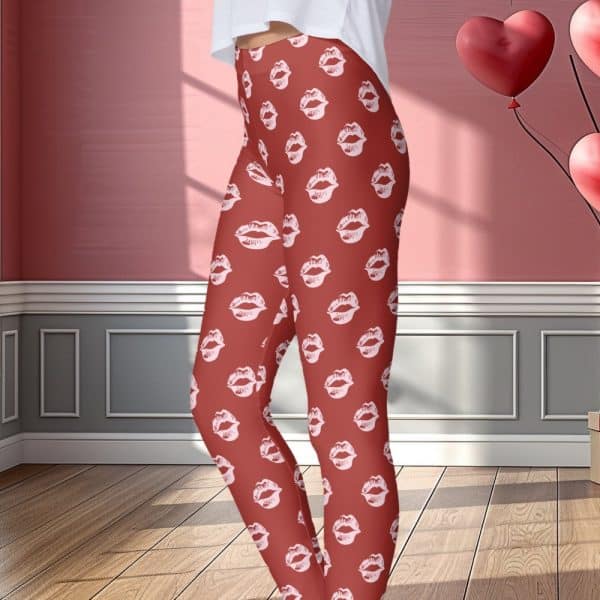 Red Leggings With A Pattern Of Pink Lips.