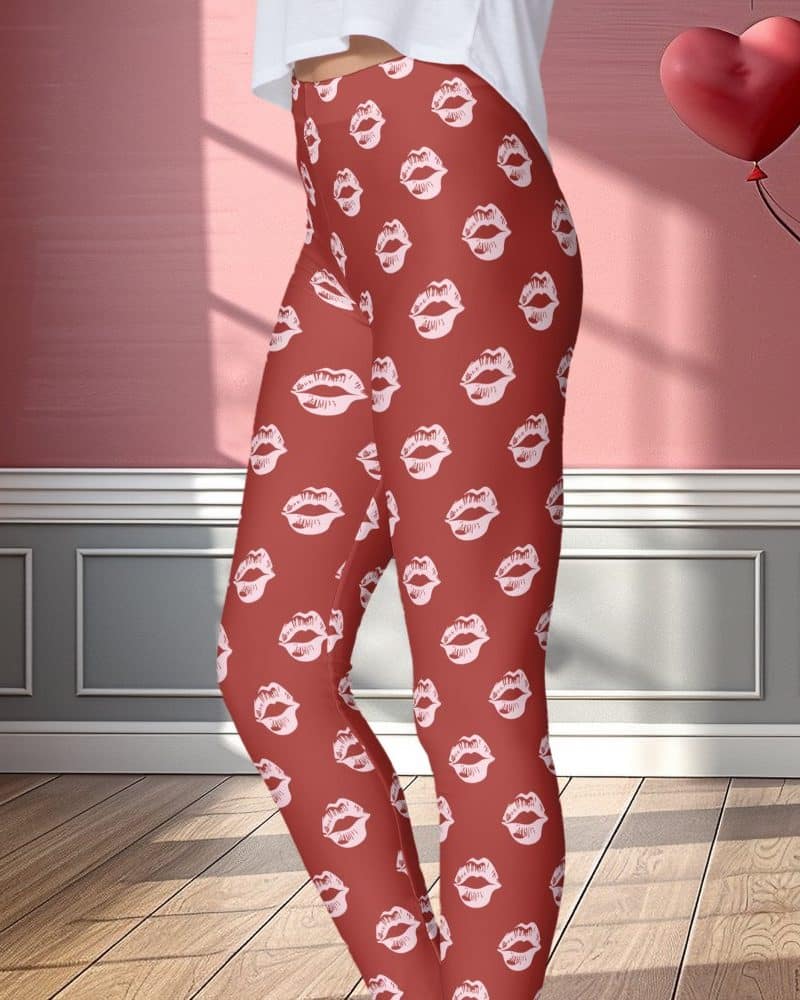 Red leggings with a pattern of pink lips.