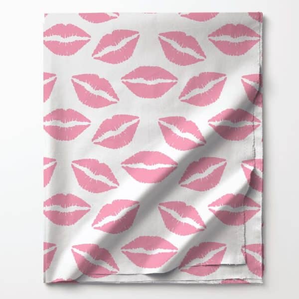 Pink Lipstick Print On White Fabric.