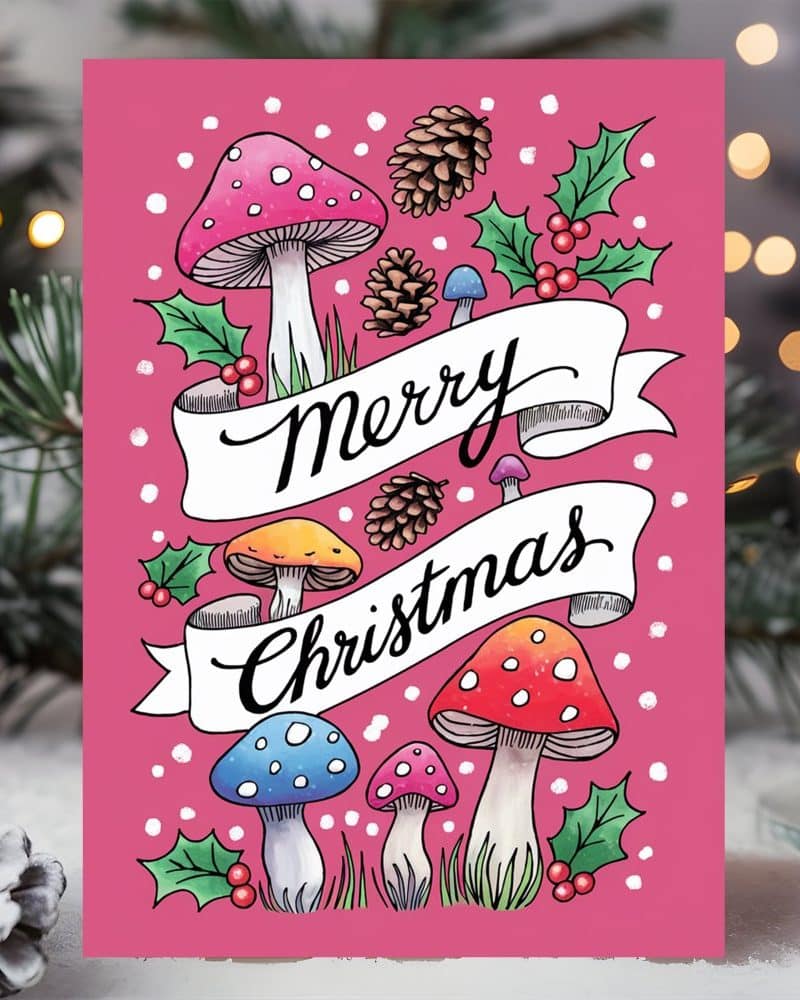 Pink Christmas card featuring colorful mushrooms, pine cones, holly, and the text Merry Christmas.
