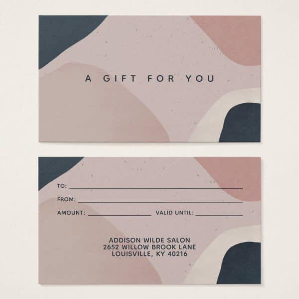 A Gift Certificate With An Abstract Design In Dusty Rose, Beige, And Dark Gray. The Text Indicates It'S From Addison Wilde Salon.