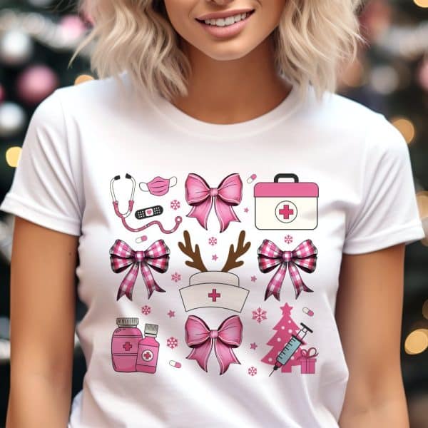 White T-Shirt With A Pink Christmas-Themed Nurse Design.