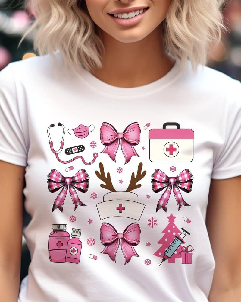 White t-shirt with a pink Christmas-themed nurse design.