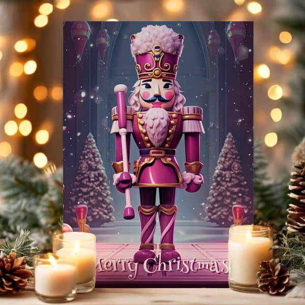 Pink Nutcracker Soldier Holding A Staff, Merry Christmas At The Bottom.