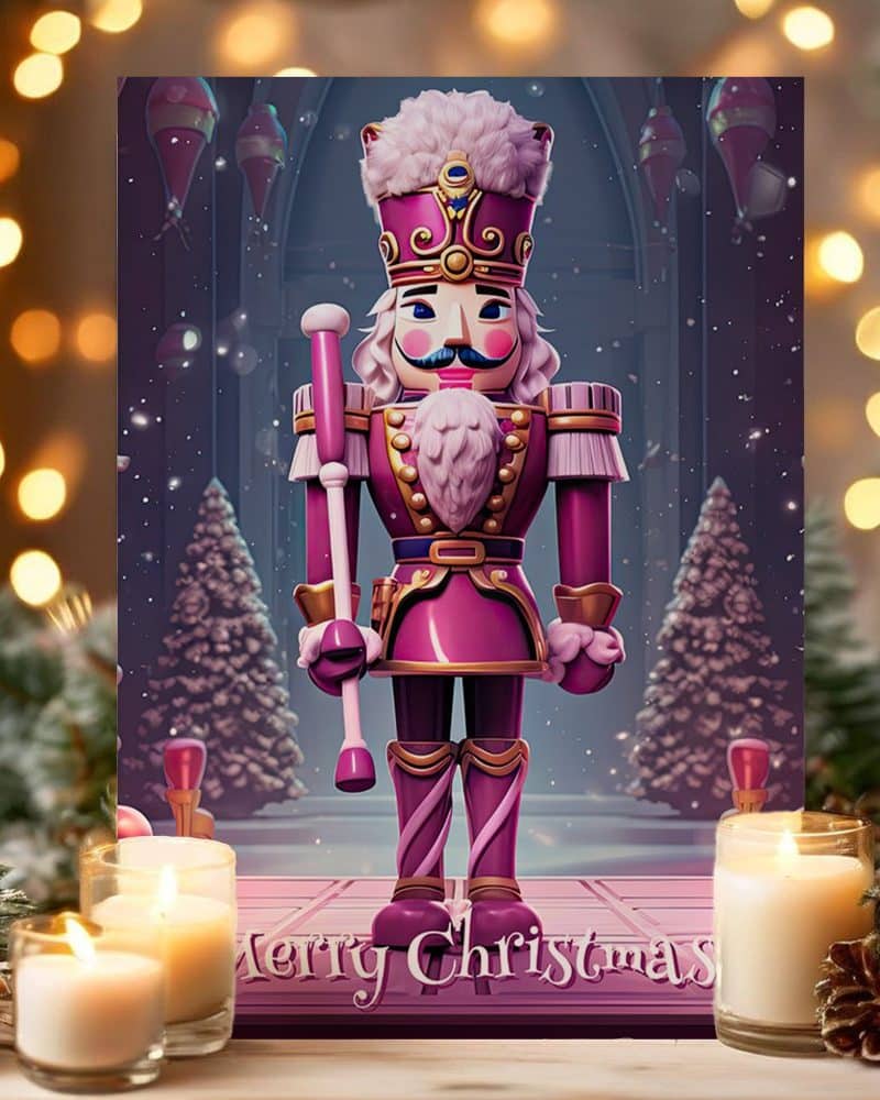 Pink nutcracker soldier holding a staff, Merry Christmas at the bottom.