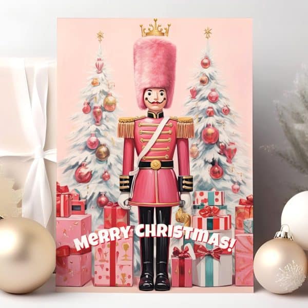 Pink Nutcracker Soldier Standing Between Two Christmas Trees Surrounded By Presents.