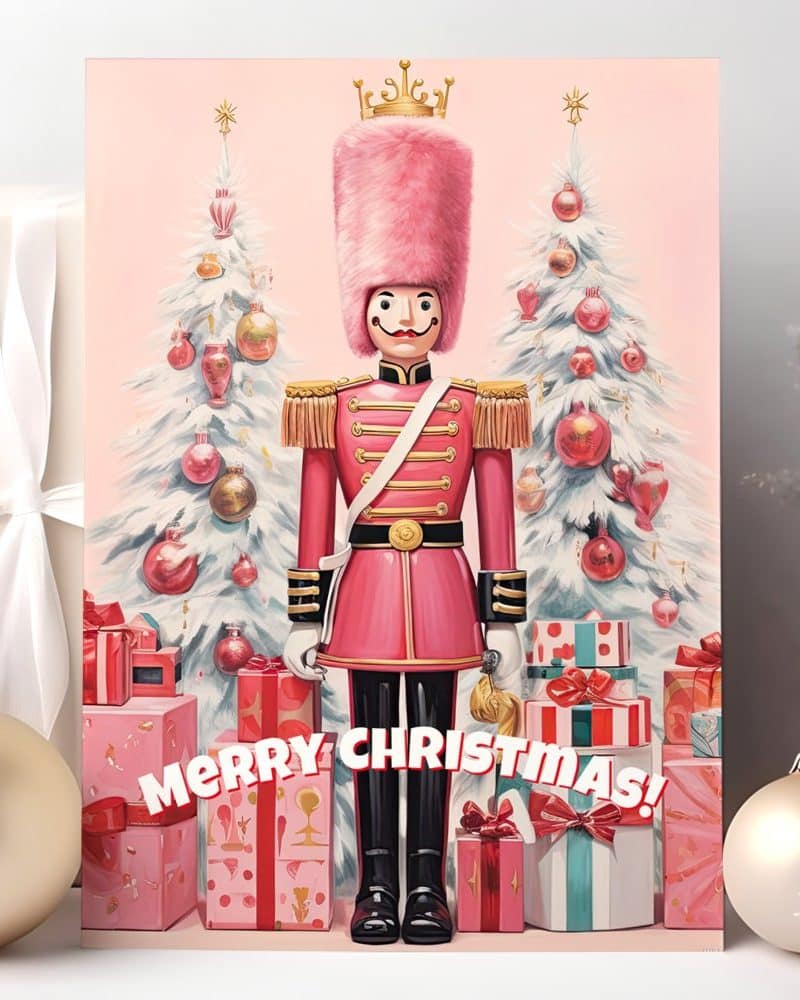 Pink nutcracker soldier standing between two Christmas trees surrounded by presents.