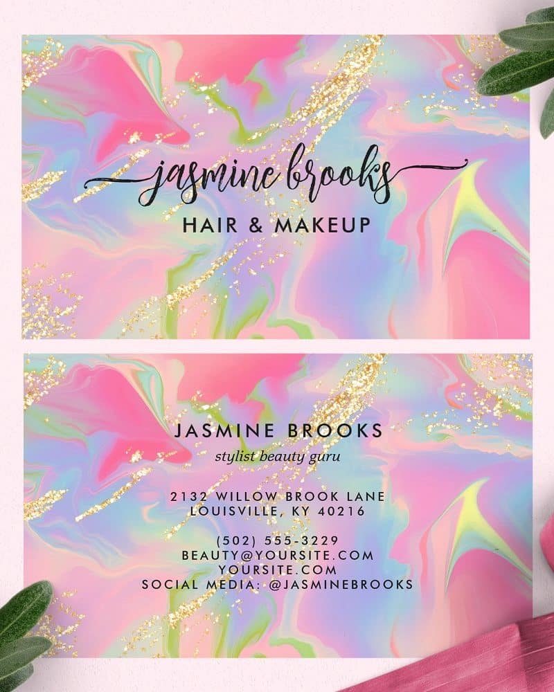 Two pastel business cards for Jasmine Brooks, hair and makeup stylist. The cards feature a marbled background with gold glitter accents.