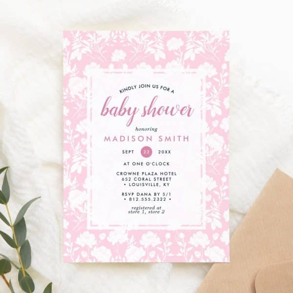 Pink Baby Shower Invitation With White Floral Pattern; Madison Smith Is The Honoree.