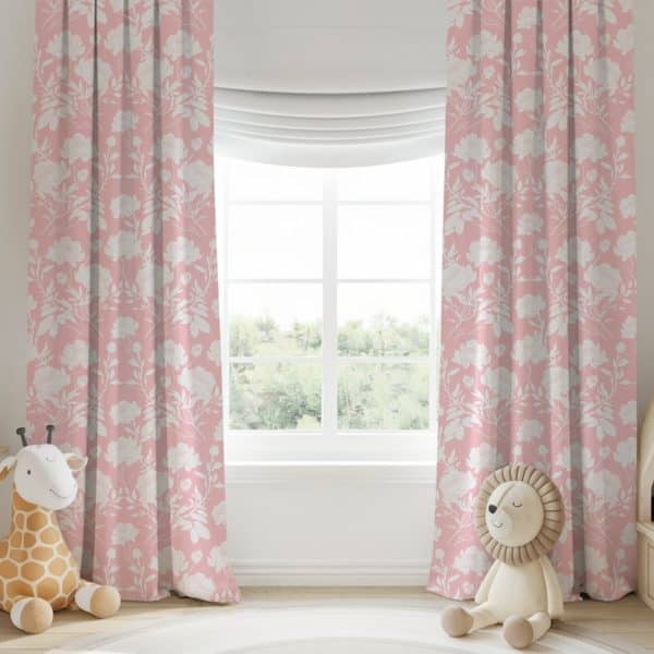 Pink Curtains With A White Floral Pattern Hang On A Window.