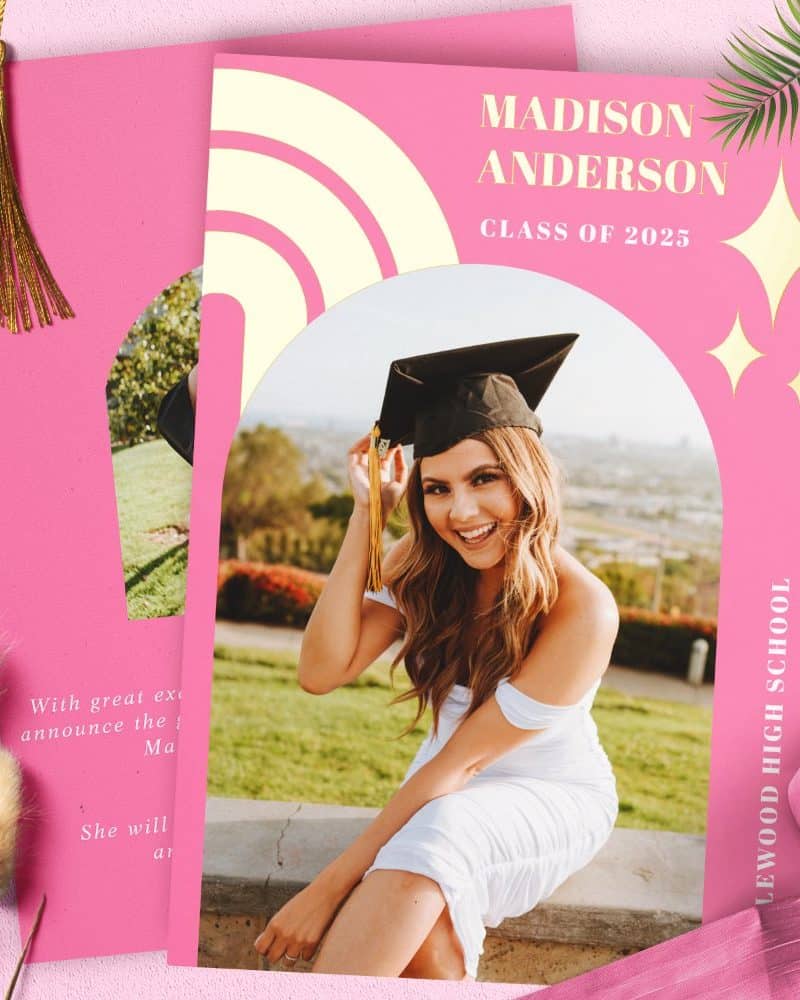 Graduation announcement featuring a photo of Madison Anderson in cap and gown.