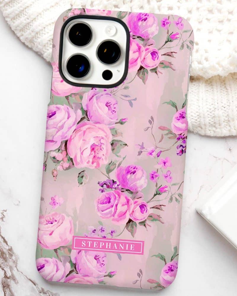 Phone case with a pink and purple floral design and the name Stephanie.