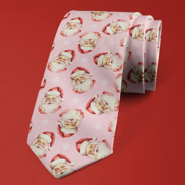 Pink Necktie With A Repeating Pattern Of Santa Claus Faces.