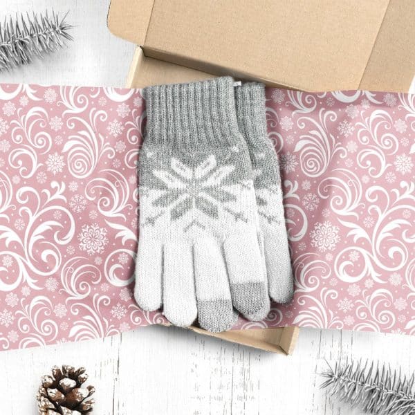 Pair Of Grey And White Snowflake Patterned Knit Gloves In A Gift Box.