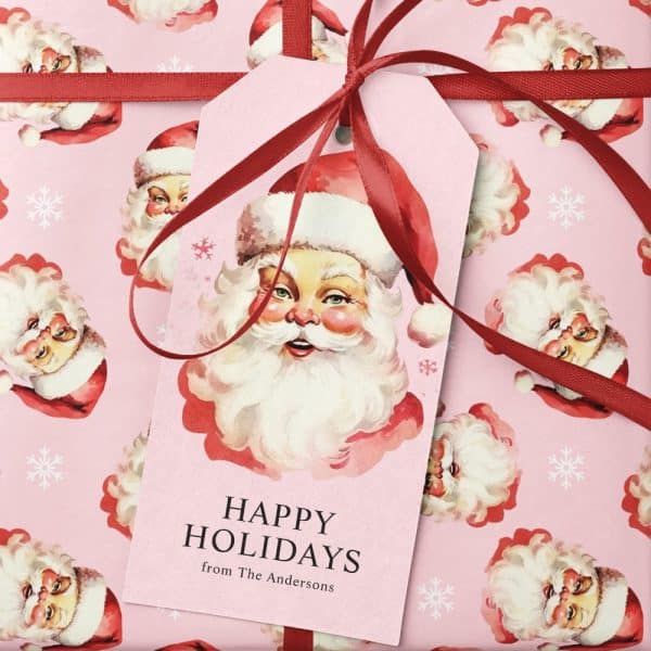Pink Gift Tag With A Vintage Santa Illustration And The Text Happy Holidays From The Andersons.