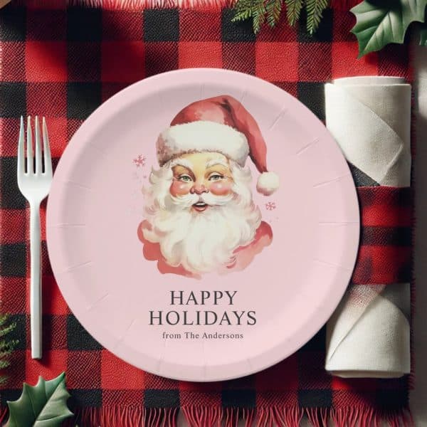 Pink Paper Plate Featuring A Vintage Illustration Of Santa Claus, With The Text Happy Holidays From The Andersons.