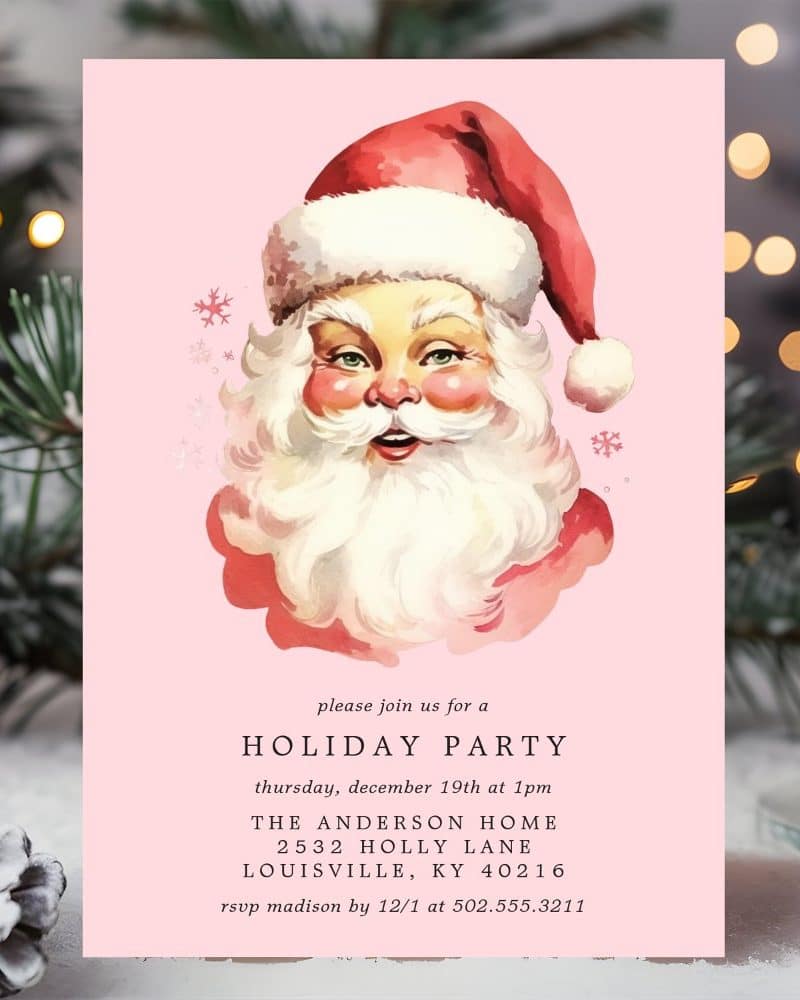 Pink holiday party invitation featuring a vintage illustration of Santa Claus's face.
