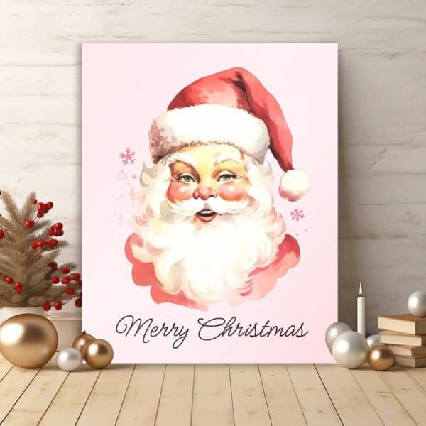 Pink Christmas Print Featuring A Watercolor Santa Claus Face And The Words Merry Christmas.