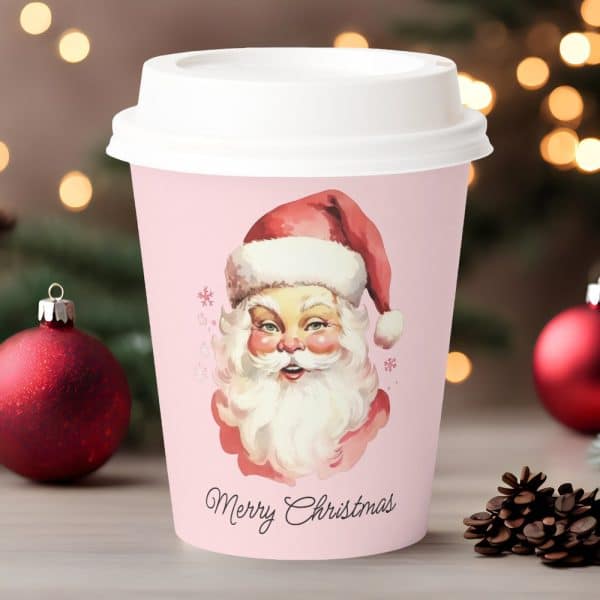 Pink Christmas Coffee Cup Featuring A Vintage Santa Claus Illustration And The Words Merry Christmas.