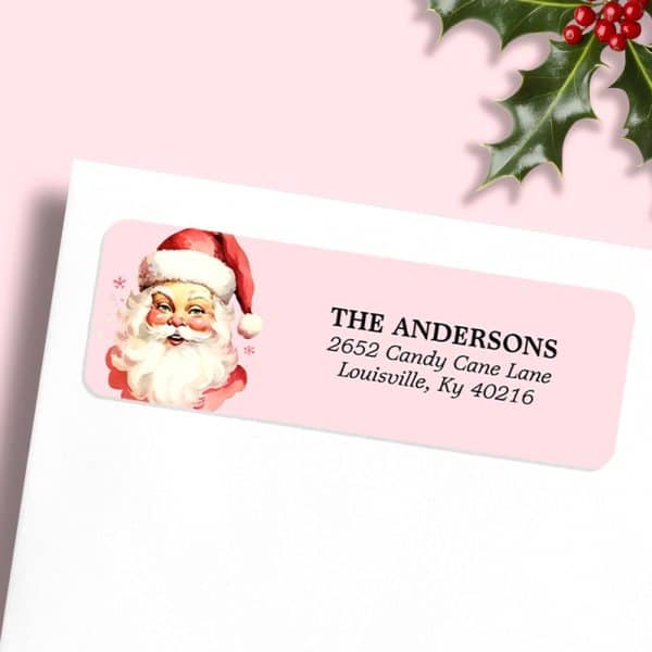 Pink Return Address Label With A Vintage Illustration Of Santa Claus And The Andersons' Address.