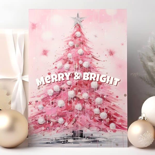 Pink Christmas Tree Painting With White Ornaments And The Words Merry &Amp; Bright.