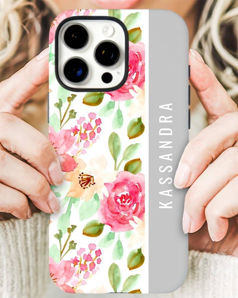 A phone case with a watercolor floral design and the name Kassandra.