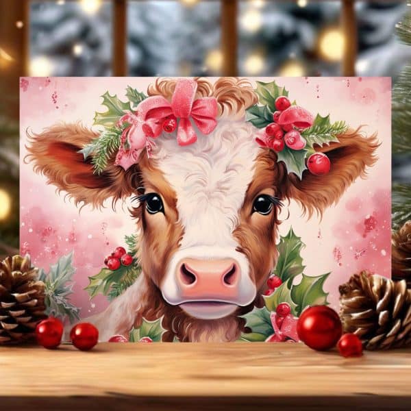 Close-Up Of A Calf Wearing A Festive Christmas Wreath.