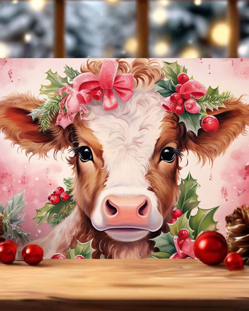 Close-up of a calf wearing a festive Christmas wreath.