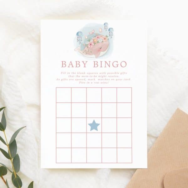 Baby Bingo Card With A Whale Illustration.