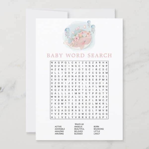 Baby Word Search Puzzle Featuring A Watercolor Whale With Flowers.