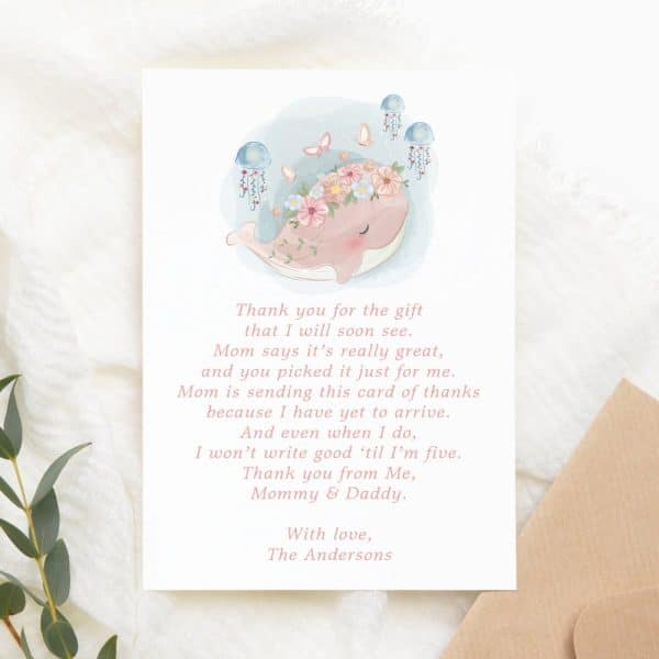 Thank You Card Featuring A Pink Whale With Flowers, Surrounded By Jellyfish And Butterflies.