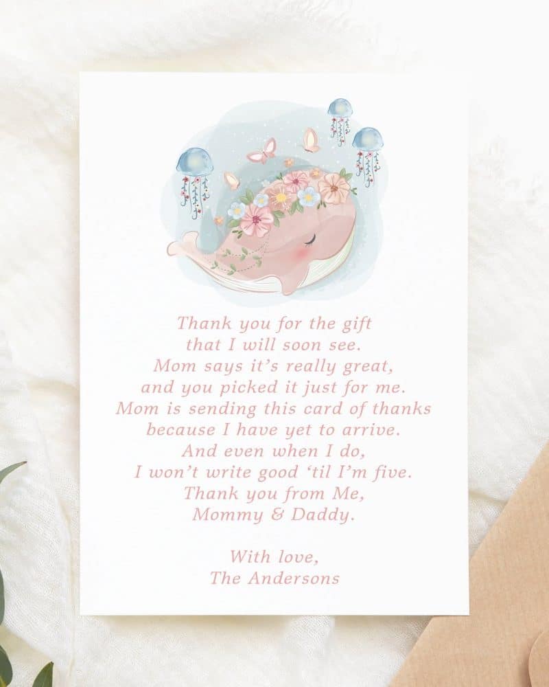 Thank you card featuring a pink whale with flowers, surrounded by jellyfish and butterflies.