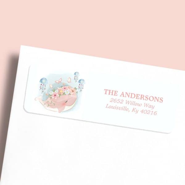 Return Address Label Featuring A Pink Whale Wearing A Flower Crown, Surrounded By Jellyfish And Butterflies.