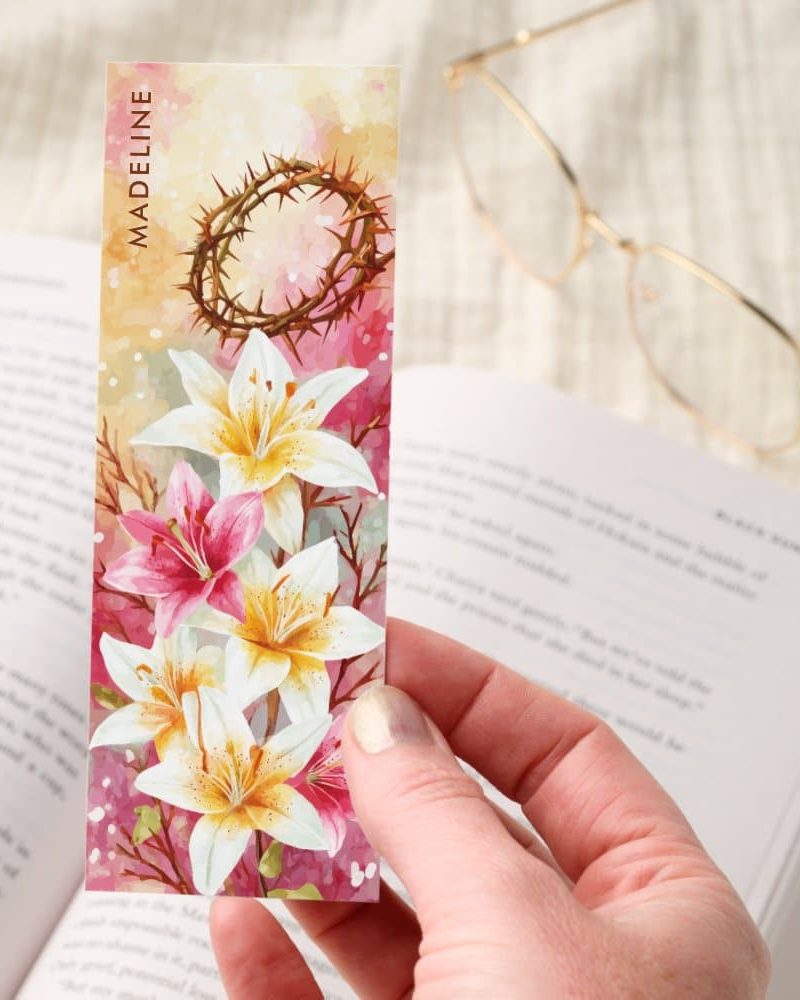Pink White Lilies Crown Thorns Christian Bookmarks