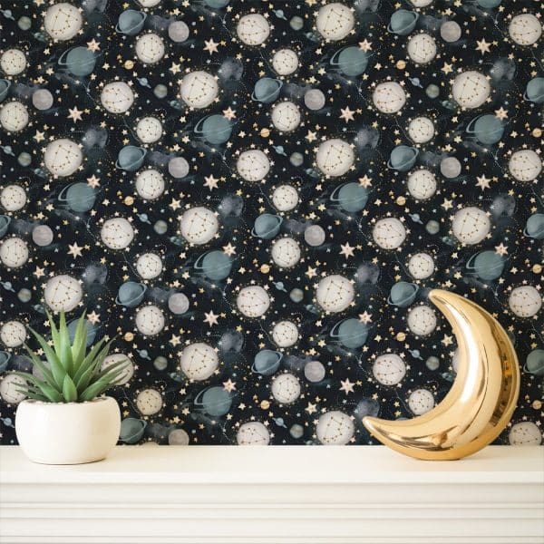 Dark Space-Themed Wallpaper Featuring Constellations, Planets, And Stars.